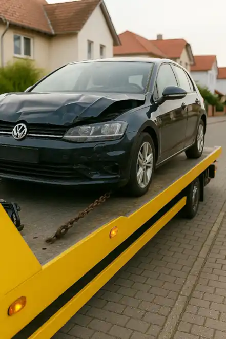 Ein defektes Fahrzeug, das zur Werkstatt abgeschleppt wird, um es anschließend im Autoankauf in Leverkusen zu verkaufen.