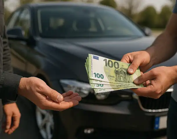 Ein Kunde erhält Bargeld beim Autoankauf in Leverkusen für sein gebrauchtes Fahrzeug.
